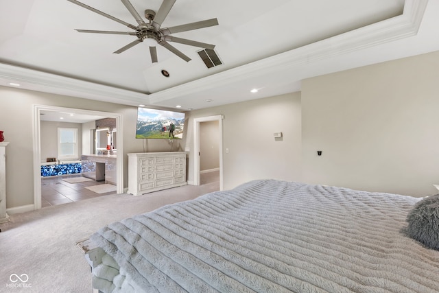 6230 E 56th St, Indianapolis, IN 46226 - carpeted bedroom with a raised ceiling, recessed lighting, crown molding, ensuite bath, and baseboards