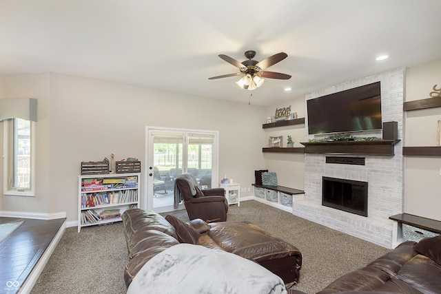 7430 Franklin Parke Woods, Indianapolis, IN 46259 - living room with ceiling fan, carpet flooring, a fireplace, baseboards, and recessed lighting