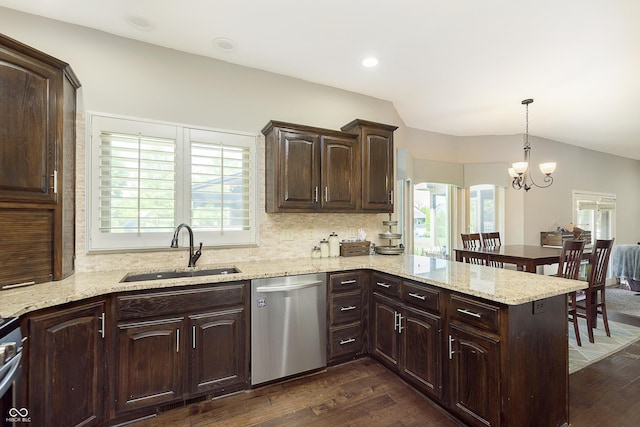 7430 Franklin Parke Woods, Indianapolis, IN 46259 - kitchen featuring dishwasher, a sink, dark wood-style floors, dark brown cabinetry, and lofted ceiling
