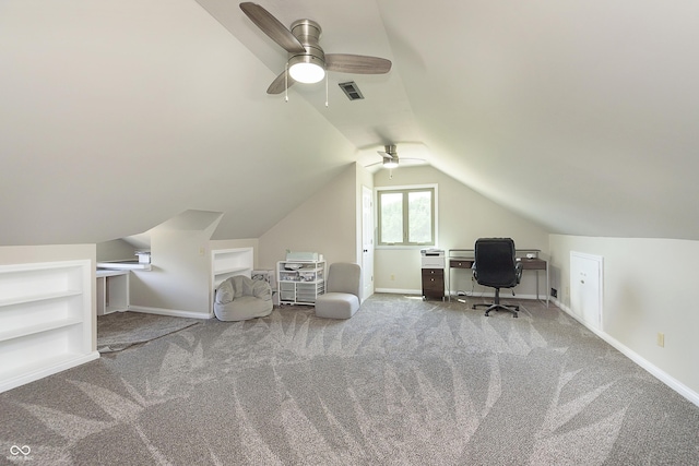 7430 Franklin Parke Woods, Indianapolis, IN 46259 - carpeted home office with ceiling fan, lofted ceiling, built in features, and baseboards