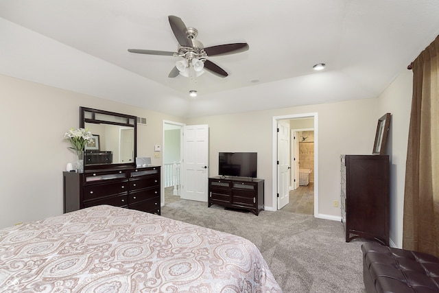 7430 Franklin Parke Woods, Indianapolis, IN 46259 - bedroom featuring light carpet, baseboards, a ceiling fan, and connected bathroom