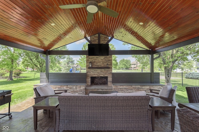 7430 Franklin Parke Woods, Indianapolis, IN 46259 - view of patio / terrace with a gazebo, an outdoor living space with a fireplace, and ceiling fan
