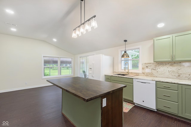 125 S Alfonte St, Ingalls, IN 46048 - kitchen with white appliances, green cabinets, a sink, lofted ceiling, and dark wood finished floors
