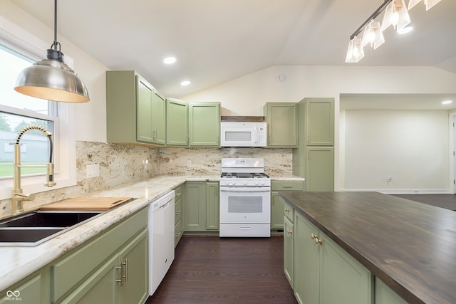 125 S Alfonte St, Ingalls, IN 46048 - kitchen featuring green cabinets, white appliances, a sink, vaulted ceiling, and backsplash