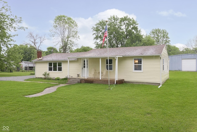 125 S Alfonte St, Ingalls, IN 46048 - ranch-style house with a porch, a front yard, a chimney, and roof with shingles