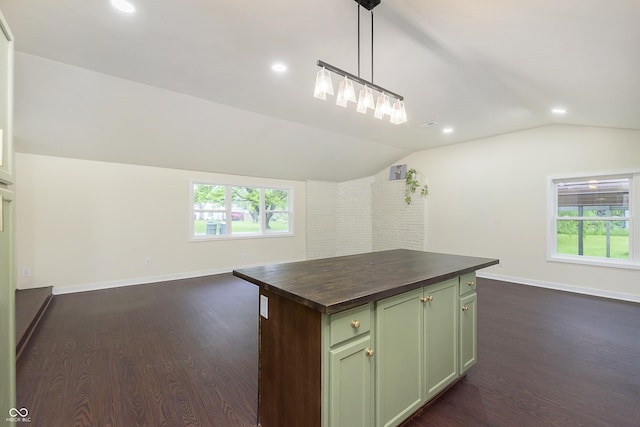 125 S Alfonte St, Ingalls, IN 46048 - kitchen with green cabinets, wooden counters, vaulted ceiling, dark wood-style flooring, and recessed lighting