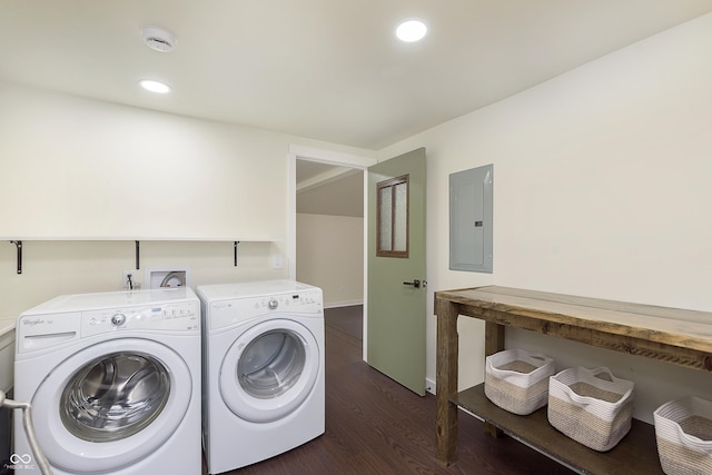 125 S Alfonte St, Ingalls, IN 46048 - laundry room with electric panel, washer and clothes dryer, dark wood finished floors, and recessed lighting