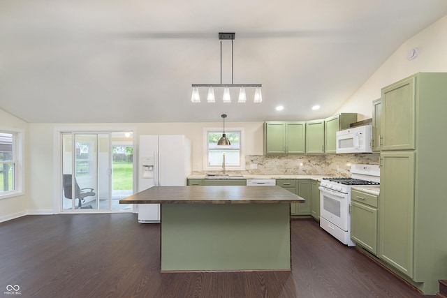 125 S Alfonte St, Ingalls, IN 46048 - kitchen featuring white appliances, green cabinets, vaulted ceiling, dark wood finished floors, and tasteful backsplash