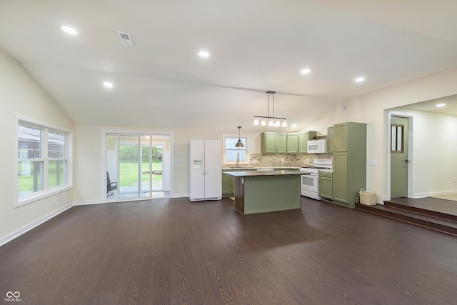 125 S Alfonte St, Ingalls, IN 46048 - kitchen featuring white appliances, green cabinetry, lofted ceiling, a center island, and dark wood finished floors