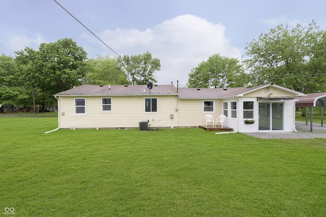 125 S Alfonte St, Ingalls, IN 46048 - back of house featuring a lawn, central air condition unit, crawl space, and a sunroom