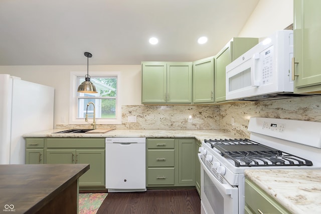 125 S Alfonte St, Ingalls, IN 46048 - kitchen featuring green cabinets, white appliances, a sink, dark wood-style floors, and recessed lighting
