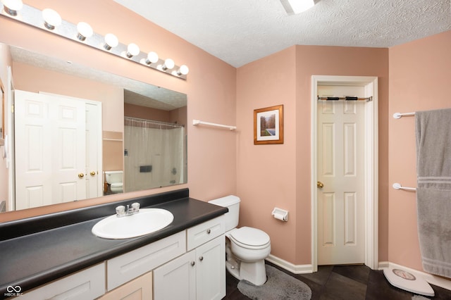 6026 Pennyworth Cir, Indianapolis, IN 46203 - full bath featuring toilet, tile patterned flooring, a shower with curtain, vanity, and a textured ceiling