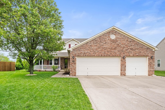 6026 Pennyworth Cir, Indianapolis, IN 46203 - view of front of house with brick siding, driveway, an attached garage, a porch, and a shingled roof