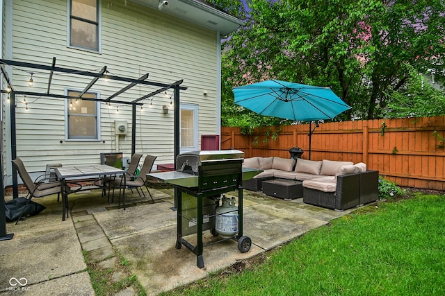 1236 Central Ave, Indianapolis, IN 46202 - fenced backyard featuring an outdoor hangout area, a patio, outdoor dining space, and a grill