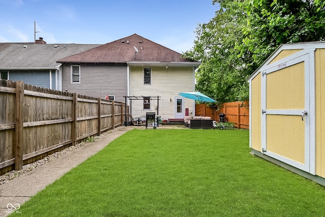 1236 Central Ave, Indianapolis, IN 46202 - rear view of property with a fenced backyard, a storage shed, an outdoor hangout area, and a patio area