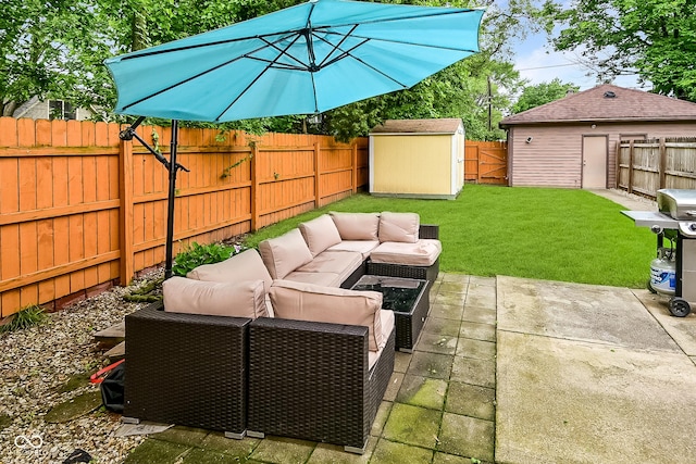1236 Central Ave, Indianapolis, IN 46202 - fenced backyard with outdoor lounge area, a shed, a patio, and grilling area