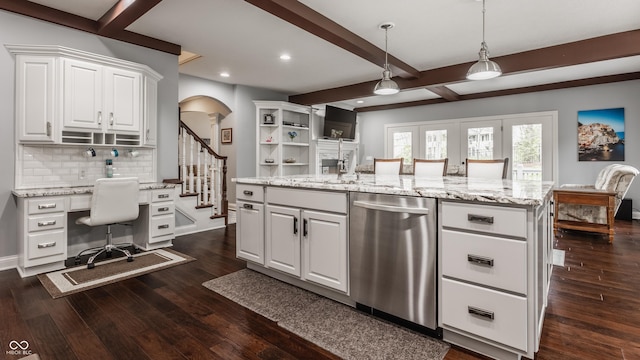 kitchen with stainless steel dishwasher, open shelves, white cabinetry, tasteful backsplash, and beam ceiling
