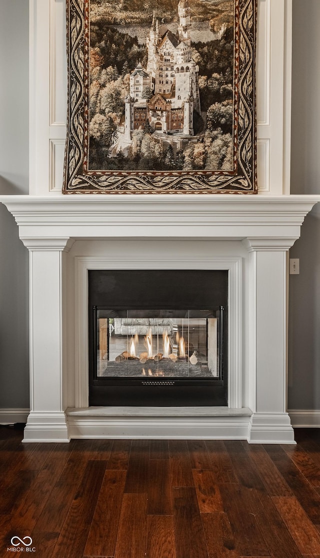 detailed view of a multi sided fireplace, baseboards, and wood finished floors