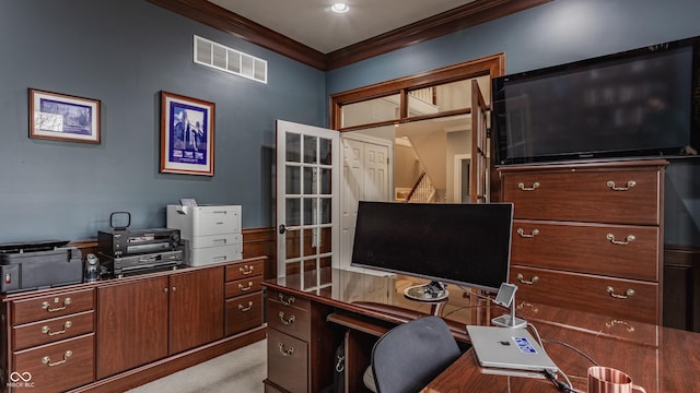 home office featuring ornamental molding and light carpet