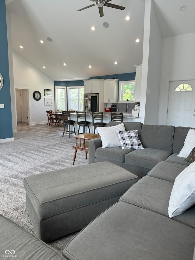 951 N Maiellen Dr, Greenfield, IN 46140 - living area featuring ceiling fan, high vaulted ceiling, recessed lighting, and baseboards