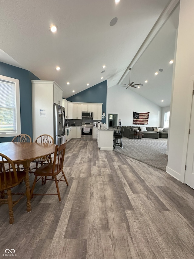951 N Maiellen Dr, Greenfield, IN 46140 - dining space featuring a ceiling fan, dark wood finished floors, recessed lighting, and baseboards
