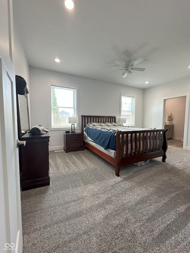 951 N Maiellen Dr, Greenfield, IN 46140 - bedroom with carpet, multiple windows, recessed lighting, baseboards, and a ceiling fan