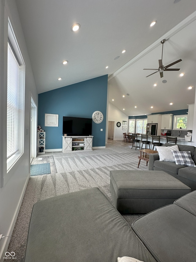 951 N Maiellen Dr, Greenfield, IN 46140 - living area featuring light carpet, ceiling fan, baseboards, and recessed lighting