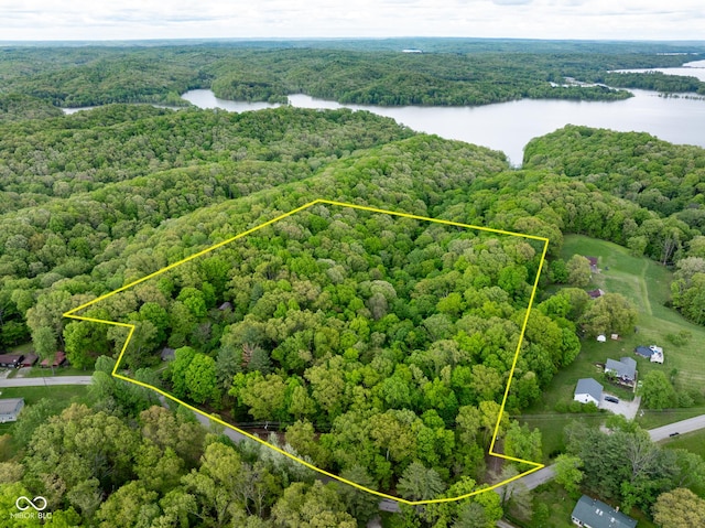 aerial view of property and surrounding area featuring a heavily wooded area, a nearby body of water, and property parcel outlined