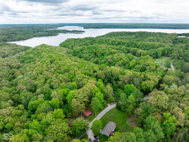 bird's eye view of a heavily wooded area and a nearby body of water