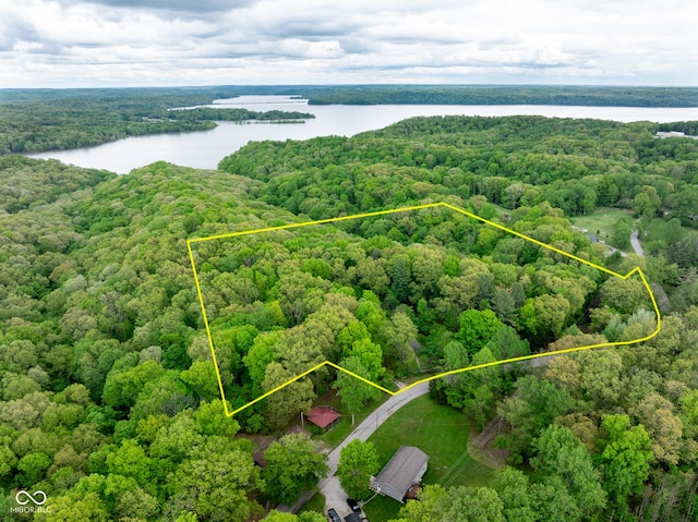aerial overview of property's location featuring a heavily wooded area, a nearby body of water, and property parcel outlined