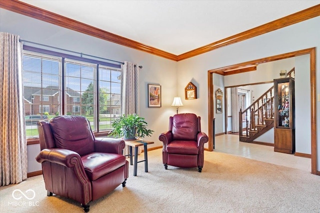 12082 Old Stone Dr, Indianapolis, IN 46236 - living area with carpet flooring, baseboards, crown molding, stairway, and tile patterned flooring