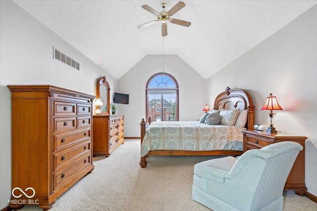 12082 Old Stone Dr, Indianapolis, IN 46236 - bedroom featuring light colored carpet, vaulted ceiling, baseboards, and ceiling fan