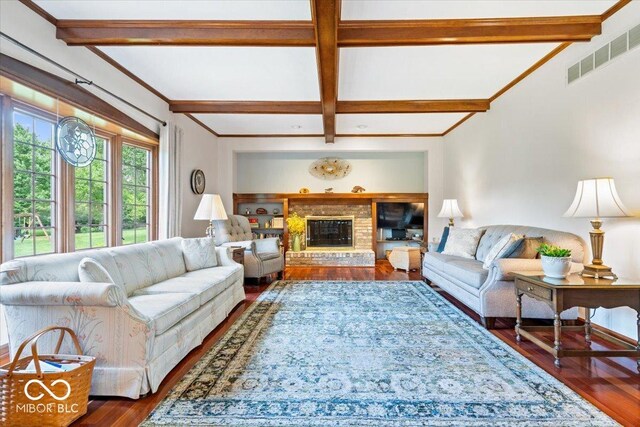 12082 Old Stone Dr, Indianapolis, IN 46236 - living area with hardwood / wood-style floors, beamed ceiling, a fireplace, and coffered ceiling