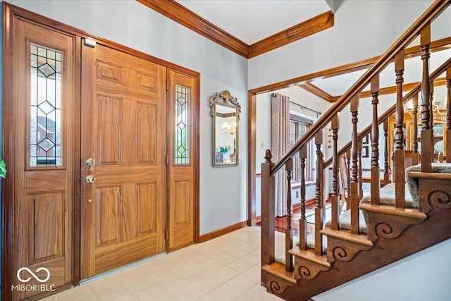12082 Old Stone Dr, Indianapolis, IN 46236 - foyer entrance with ornamental molding, stairway, baseboards, and light tile patterned floors