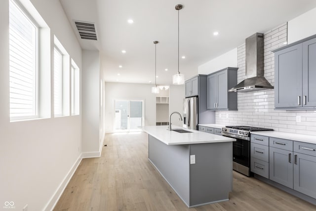 39 N Walcott St, Indianapolis, IN 46201 - kitchen with stainless steel appliances, wall chimney range hood, gray cabinets, backsplash, and light wood-type flooring
