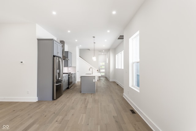 39 N Walcott St, Indianapolis, IN 46201 - kitchen with stainless steel appliances, gray cabinets, a sink, a center island with sink, and backsplash