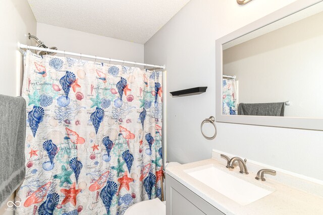 9676 W Constellation Dr, Pendleton, IN 46064 - bathroom with vanity, a textured ceiling, toilet, and curtained shower