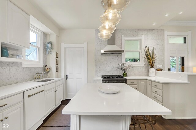 847 N Park Ave, Indianapolis, IN 46202 - kitchen with wall chimney range hood, a sink, a breakfast bar, range, and decorative backsplash