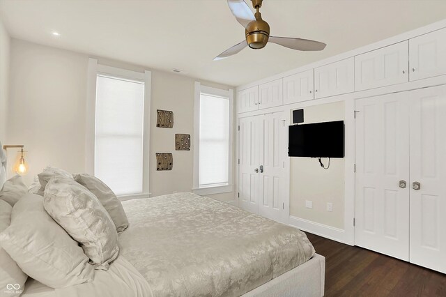 847 N Park Ave, Indianapolis, IN 46202 - bedroom with dark wood finished floors, two closets, a ceiling fan, baseboards, and recessed lighting