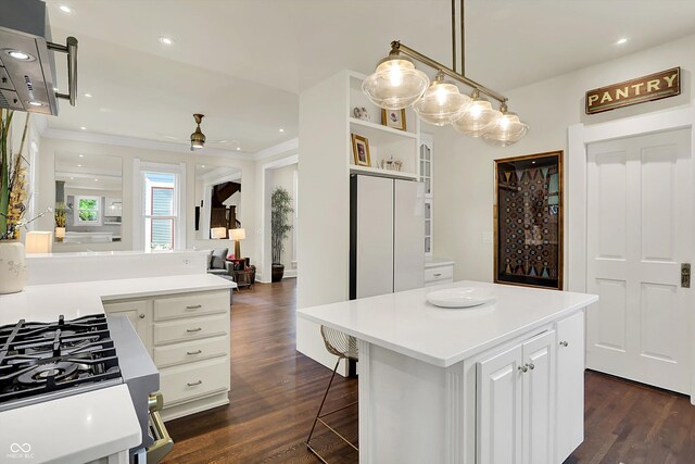 847 N Park Ave, Indianapolis, IN 46202 - kitchen featuring light countertops, ceiling fan, white cabinetry, dark wood-style floors, and a kitchen island