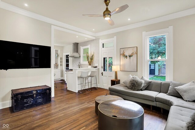 847 N Park Ave, Indianapolis, IN 46202 - living room with ceiling fan, ornamental molding, dark wood-type flooring, and recessed lighting
