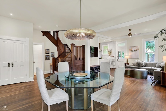 847 N Park Ave, Indianapolis, IN 46202 - dining area with wood finished floors, stairway, recessed lighting, ceiling fan, and a chandelier