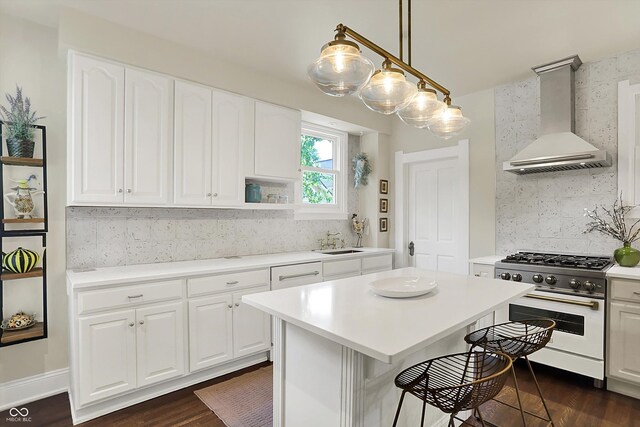 847 N Park Ave, Indianapolis, IN 46202 - kitchen with wall chimney range hood, gas range oven, a sink, dark wood-type flooring, and tasteful backsplash