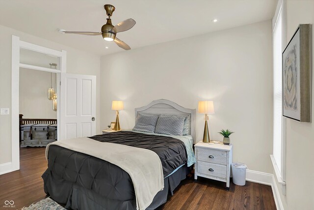 847 N Park Ave, Indianapolis, IN 46202 - bedroom featuring dark wood-style floors, baseboards, recessed lighting, and ceiling fan