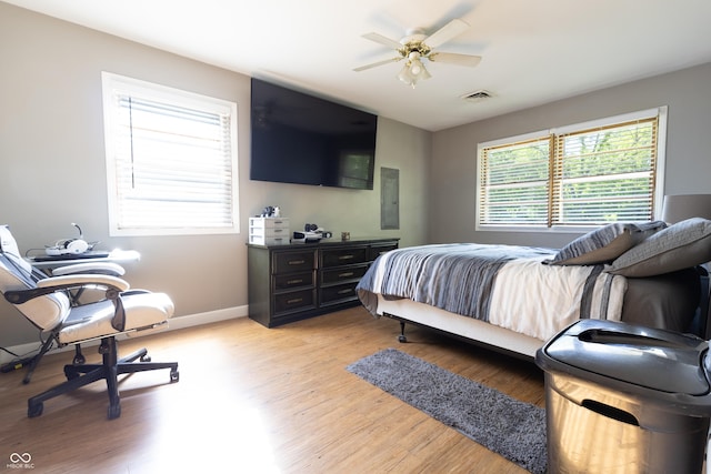 6310 E County Road 200 S, Butlerville, IN 47223 - bedroom with light wood-type flooring, electric panel, and a ceiling fan