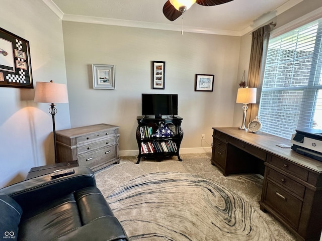 3691 Talmine Ln, Bargersville, IN 46106 - office space featuring light carpet, baseboards, ornamental molding, and a ceiling fan