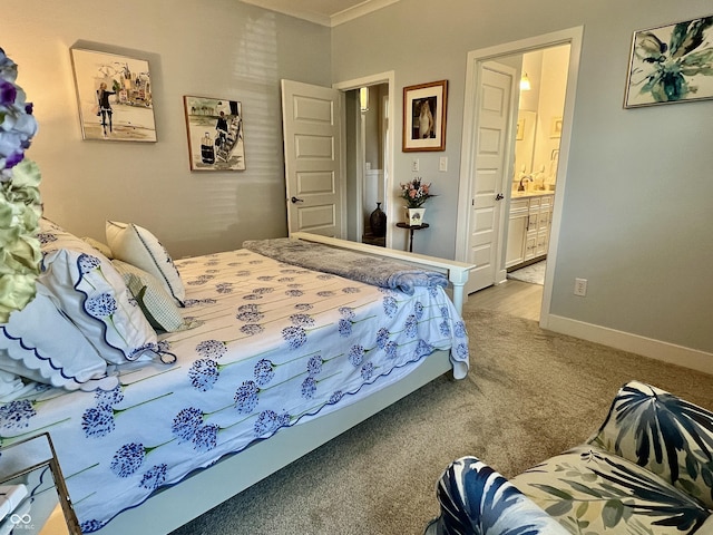 3691 Talmine Ln, Bargersville, IN 46106 - bedroom featuring carpet, crown molding, connected bathroom, and baseboards