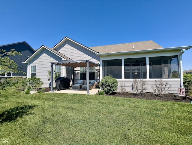 3691 Talmine Ln, Bargersville, IN 46106 - rear view of property with a pergola, a lawn, a patio area, a sunroom, and a shingled roof