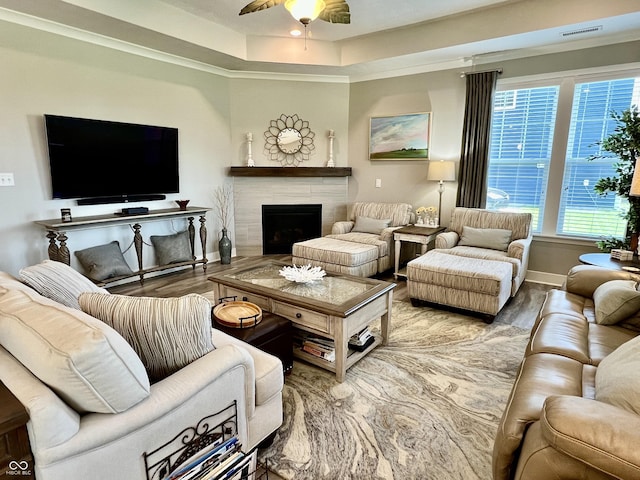 3691 Talmine Ln, Bargersville, IN 46106 - living room with ceiling fan, baseboards, a raised ceiling, and a fireplace