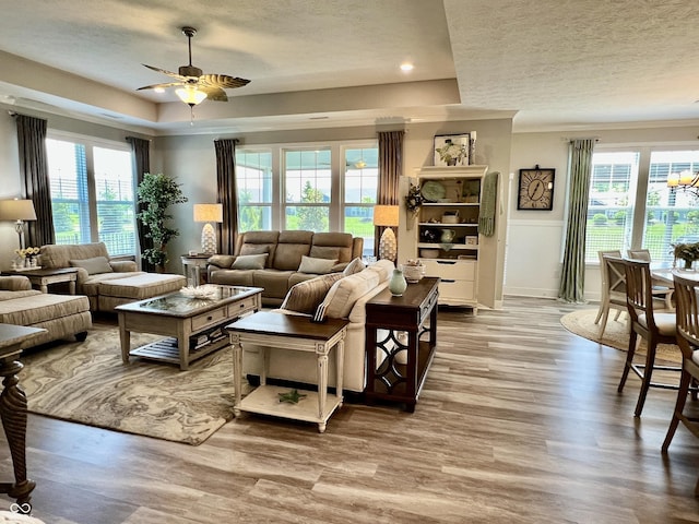 3691 Talmine Ln, Bargersville, IN 46106 - living room with a textured ceiling, ceiling fan, healthy amount of natural light, wood finished floors, and a tray ceiling